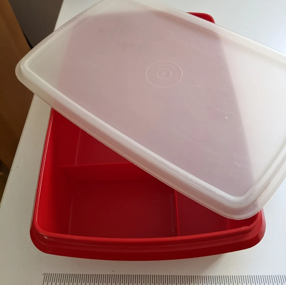 Vintage Red Tupperware Tuppercraft Divided Stow N Go Tackle Craft Sewing Box Lid